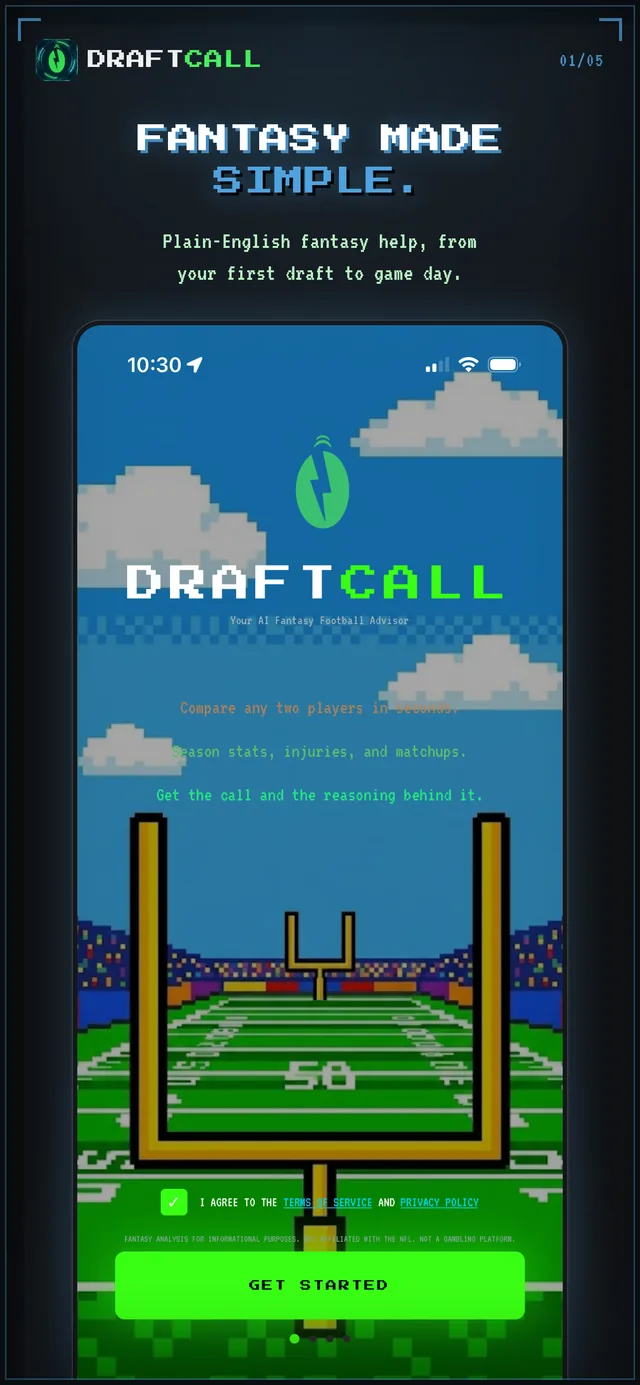 DraftCall opening screen. Plain-English fantasy help, from your first draft to game day.