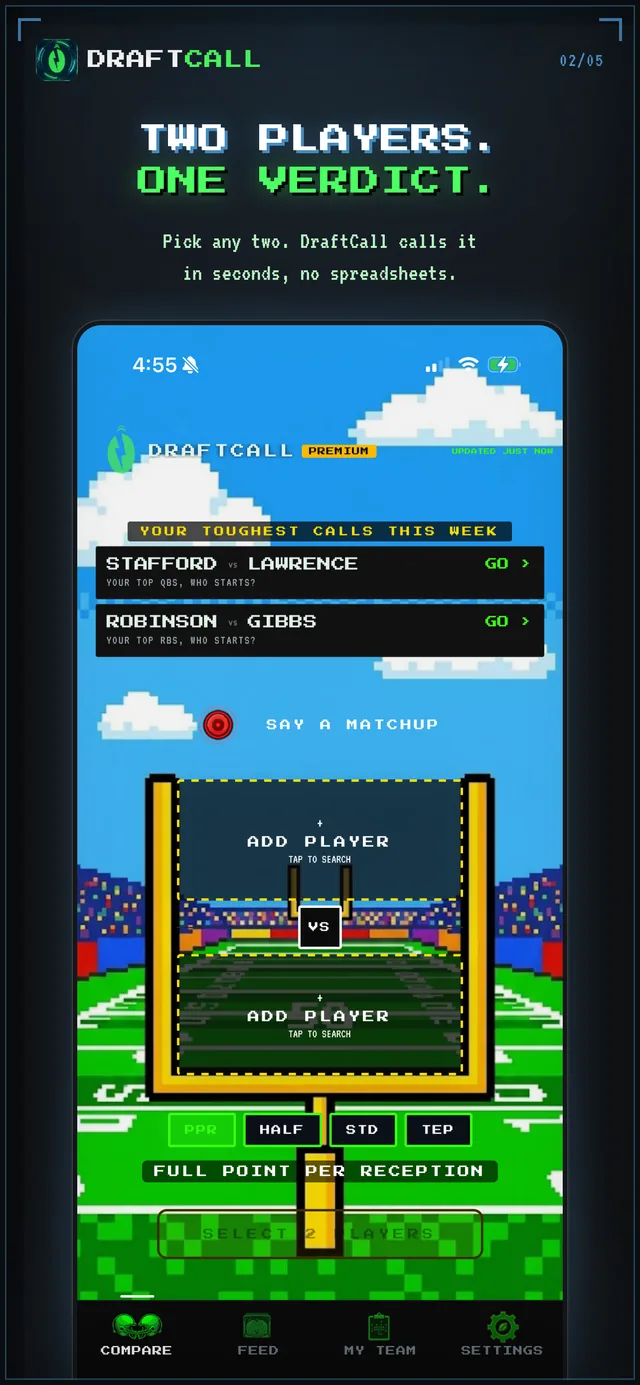 Compare screen. Pick any two players and DraftCall calls it in seconds, with PPR, half, standard, and TE premium scoring toggles.